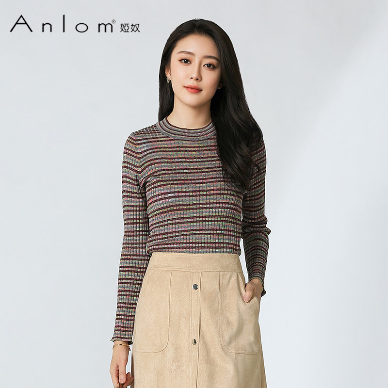 Anlom/娅奴简约红色桑蚕丝上衣打底衫百搭女士半立领弹力早秋款