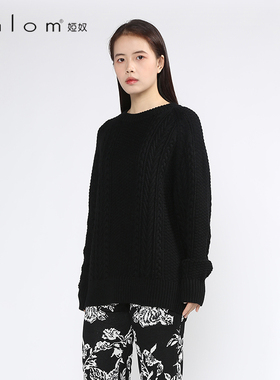 Anlom/娅奴新款女士针织衫上衣圆领长袖套头黑色套头衫