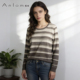 圆领桑蚕丝针织衫 Anlom娅奴专柜秋冬新款 条纹修身 女1403360