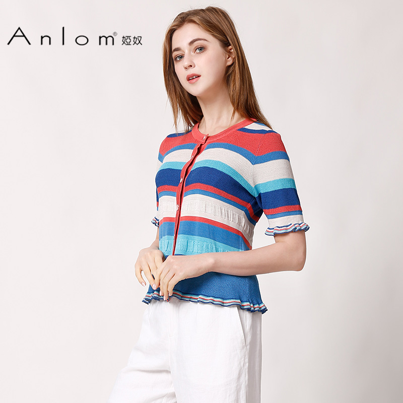 夏季新款单排扣休闲条纹桑蚕丝针织衫女开衫