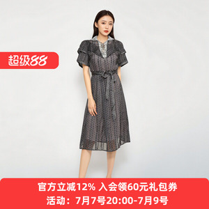 Anlom/娅奴夏季印花假两件短袖连衣裙优雅中长款荷叶边设计感女装