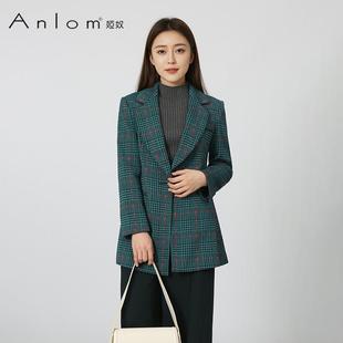 Anlom/娅奴小香风毛呢格子外套女2024新款西装孔雀绿修身中长款