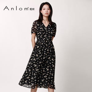 Anlom/娅奴2026年夏季新款短袖V领黑白桔休闲通勤碎花连衣裙