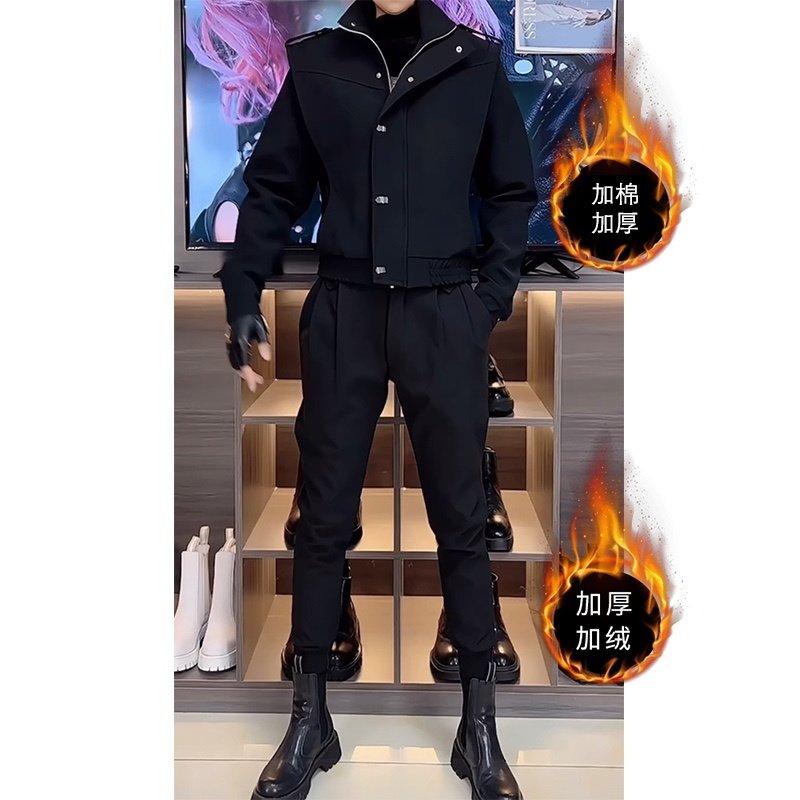 秋季新款男士加棉外套夹克韩版时尚休闲束脚加绒加厚西裤痞帅套装