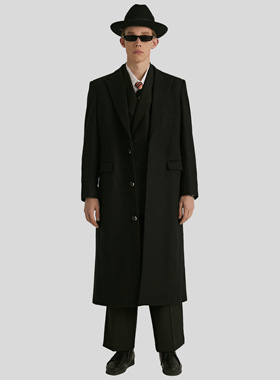 Planet 黑色西装领垫肩秋冬长款直筒风衣