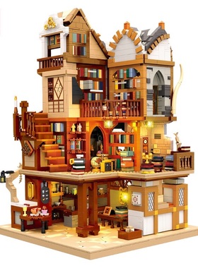 杰星57016大型建筑积木图书馆带灯光开放式街景小颗粒拼装玩具