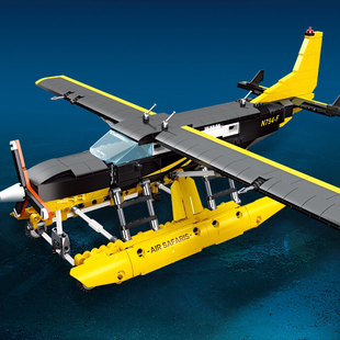 杰星JJ9172水上飞机塞思纳208模型军事积木小颗粒拼装男孩子玩具