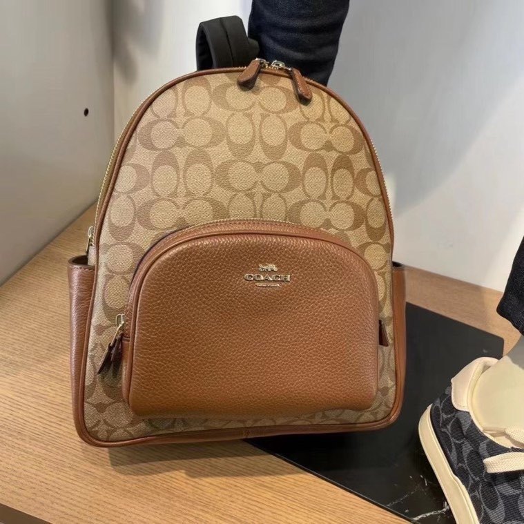国内现货coach蔻驰卡其logo老花双肩包中号书包背包女士包袋