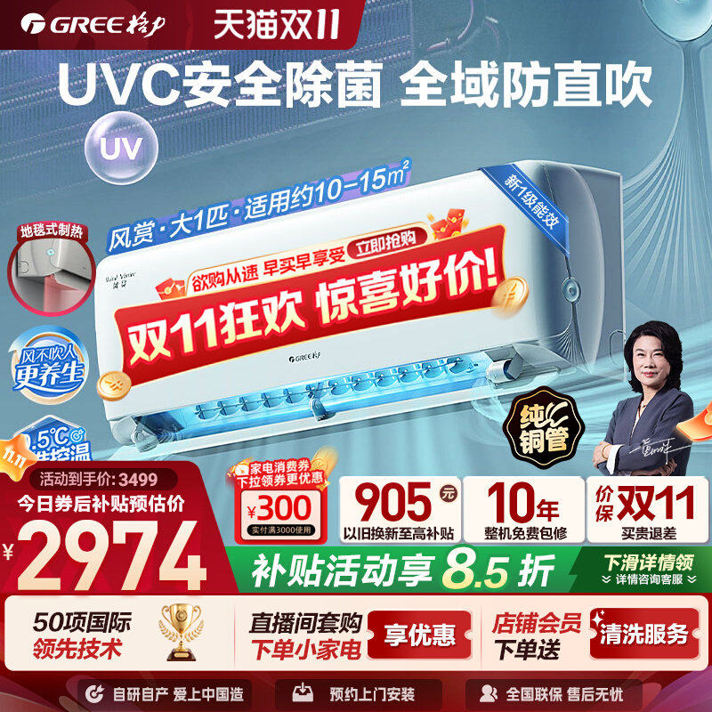 【Gree/格力官方】新一级能效大1匹变频冷暖卧室除菌空调挂机风