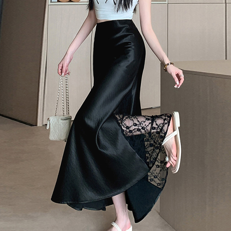 醋酸缎面鱼尾裙半身裙女夏季新款高腰修身包臀裙蕾丝拼接长款裙子