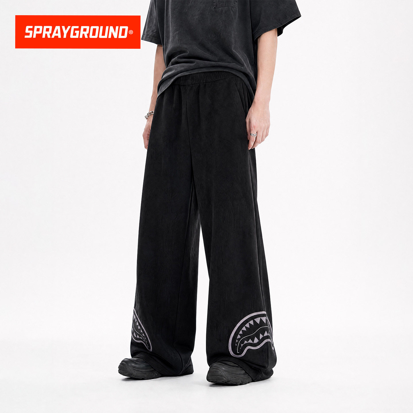 SprayGround鲨鱼嘴贴布直筒长裤男秋季潮流复古宽松运动休闲裤子