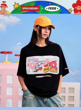SprayGround鲨鱼嘴FEIDE联名短袖T恤男女卡通插画潮牌情侣上衣夏