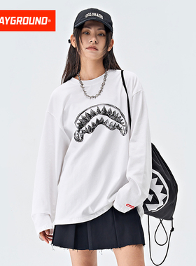 SprayGround鲨鱼嘴春秋涂鸦长袖T恤男女潮牌宽松上衣情侣款打底衫