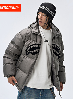 SprayGround鲨鱼嘴白鸭绒连帽羽绒服男女冬季情侣款宽松保暖外套