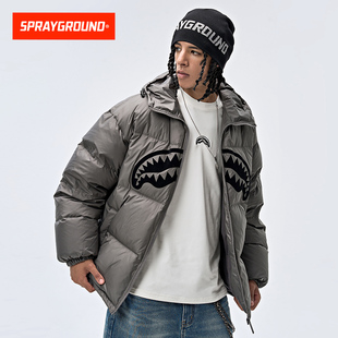 SprayGround鲨鱼嘴白鸭绒连帽羽绒服男女冬季情侣款宽松保暖外套