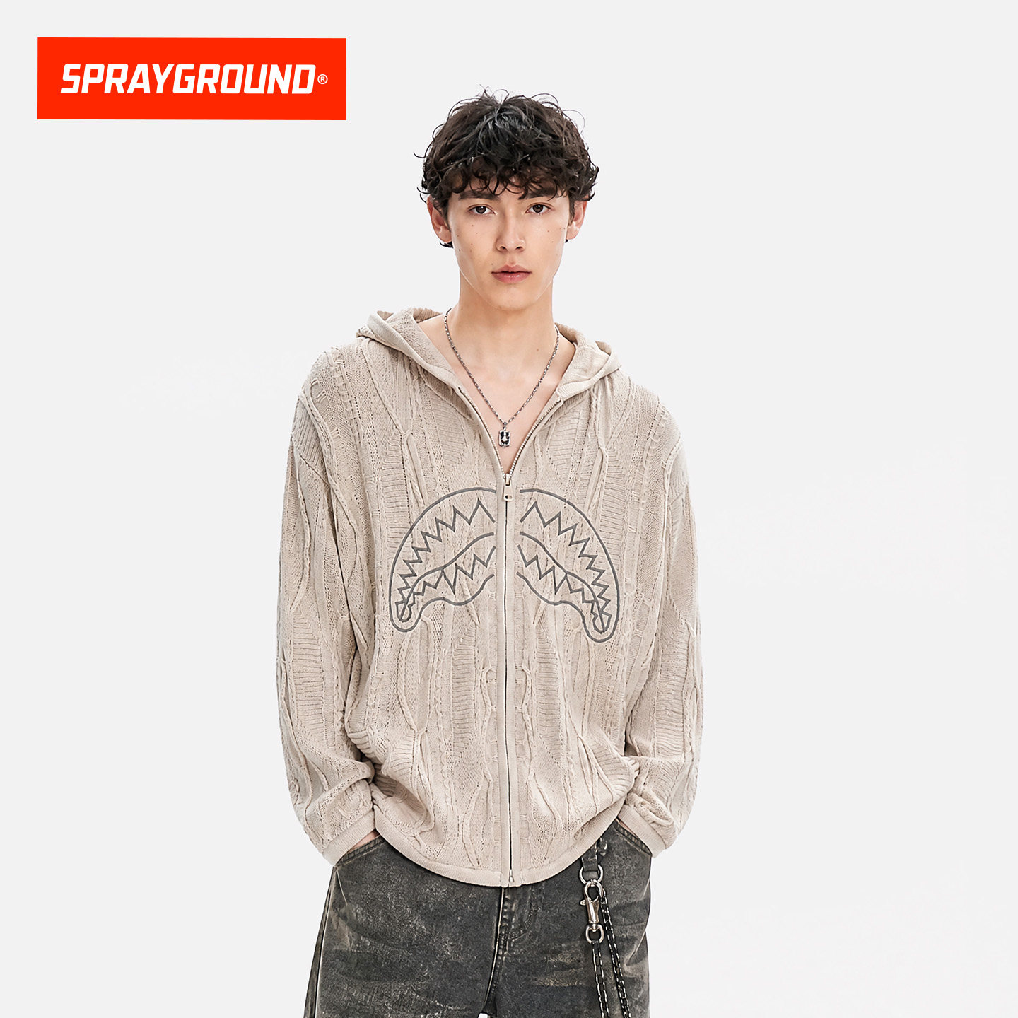 SprayGround鲨鱼嘴刺绣针织开衫卫衣外套男秋季宽松潮流连帽毛衣