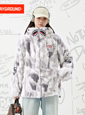 SprayGround不规则花纹毛毛棉服外套秋冬鲨鱼嘴男女情侣迷彩棉服