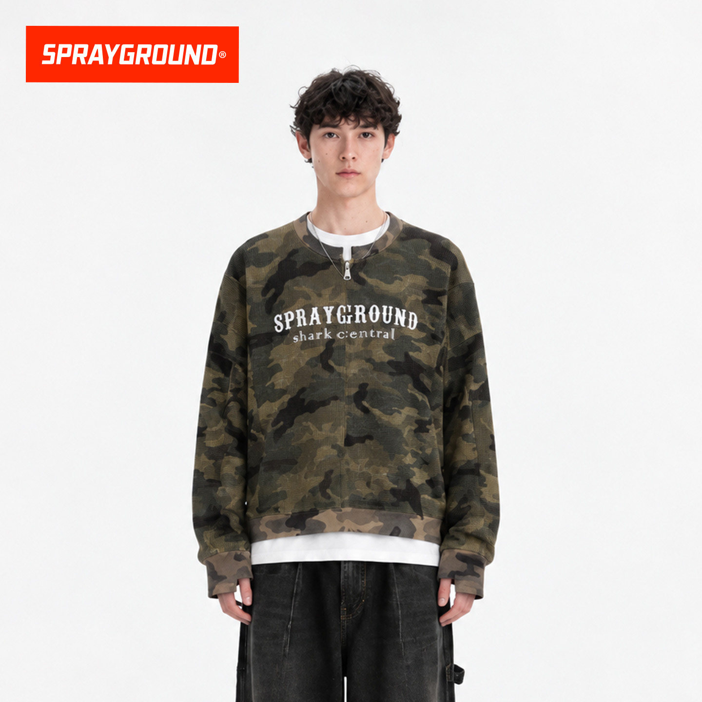 SprayGround鲨鱼嘴华夫格迷彩针织夹克男秋季美式高街宽松外套潮