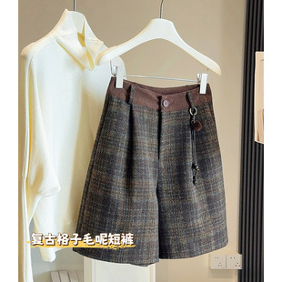 短裤 毛呢格子阔腿休闲五分裤 秋冬新款 显瘦裤 厚 女高级感宽松靴中裤