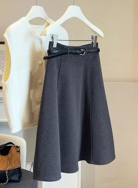 灰色毛呢复古中长款半身裙女气质显瘦伞裙高腰中长裙秋冬新款半裙
