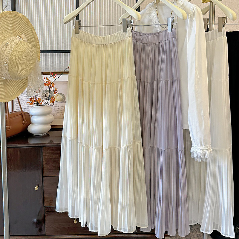 浪漫超仙百褶裙女半身裙雪纺a字显瘦百搭半裙夏季薄新款大摆长裙