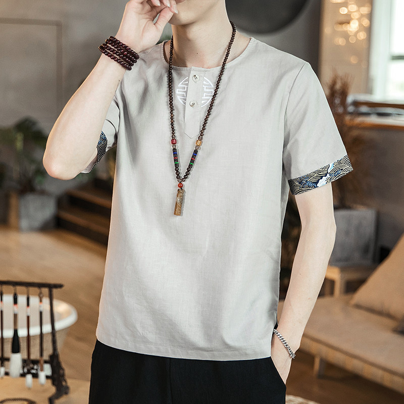 中国风夏季短袖上衣佛系古装汉服中式唐装男青年茶人服复古禅修服