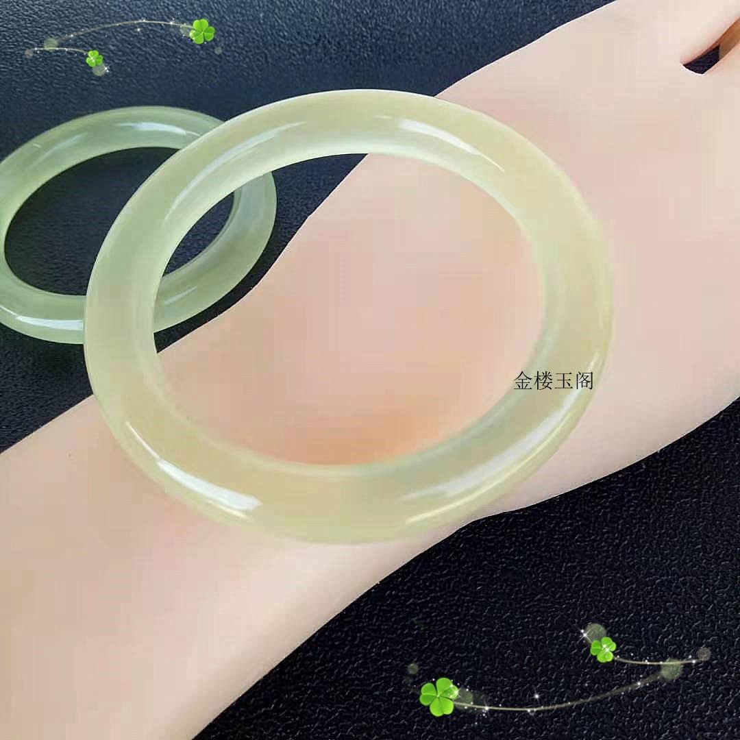玉器a货冰透猫眼阿富汗玉手镯 冰润金黄色青白圆条金丝纹玉镯