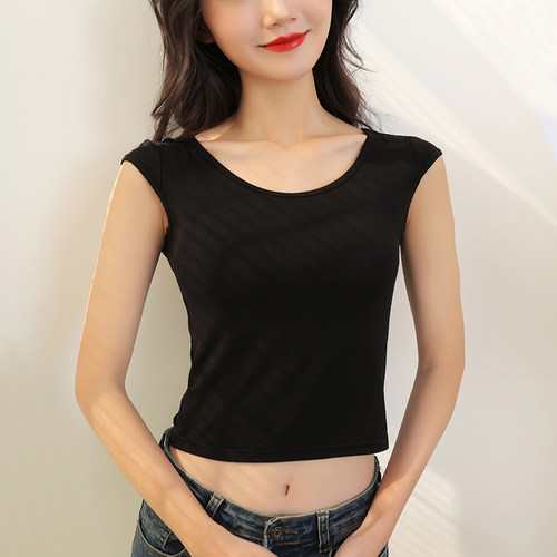 莫代尔露脐短款打底女小飞袖T恤