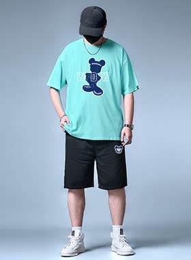 肥佬冰丝速干t恤男胖子加肥加大码男装夏季休闲运动短袖短裤套装