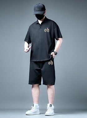 夏季胖子短袖t恤五分裤纯棉圆领印花两件套肥佬男式休闲运动套装
