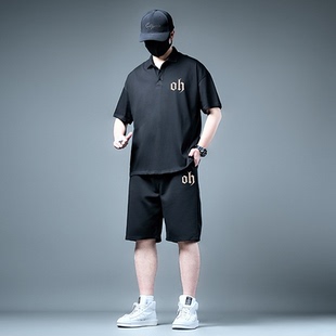 夏季胖子短袖t恤五分裤纯棉圆领印花两件套肥佬男式休闲运动套装