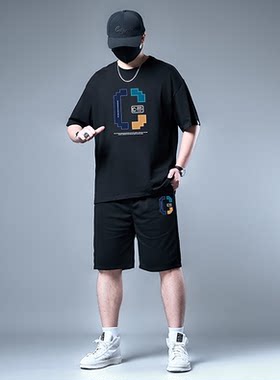 夏季休闲套装男轻奢大码加肥胖子宽松潮流百搭t恤短袖短裤两件套