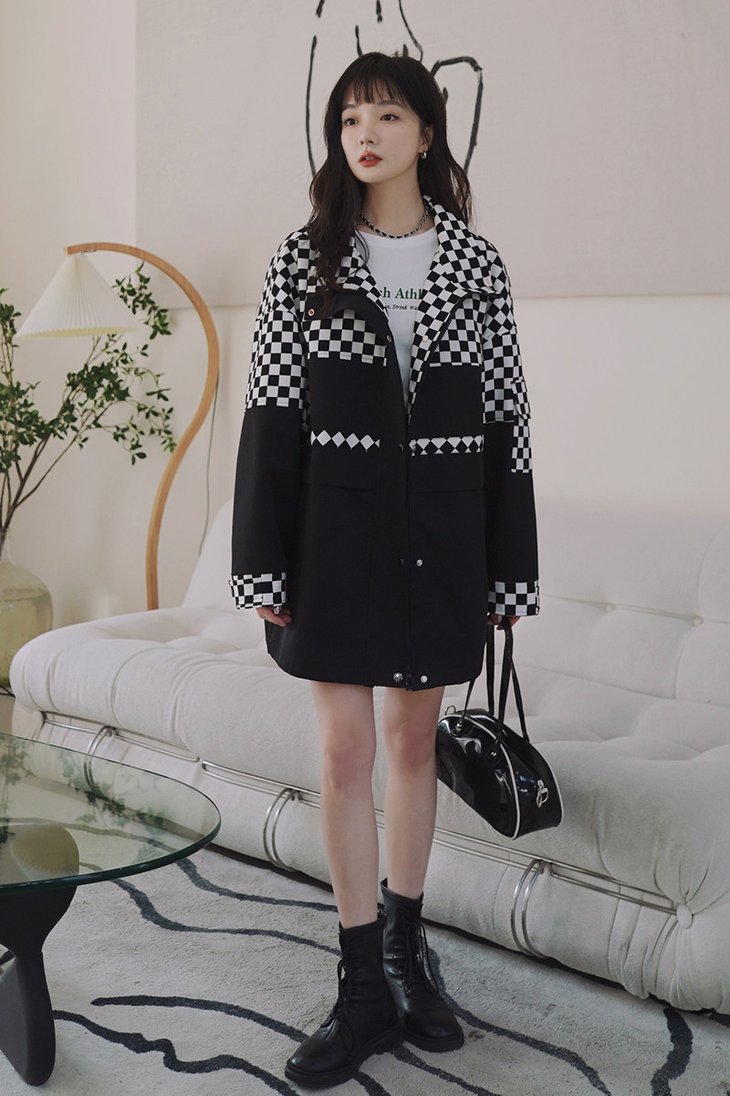 现货棋盘格拼接外套152-9271-P135-控价188,女装风衣,浙宝152