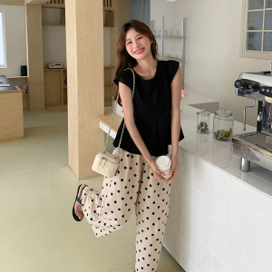 韩系少女感减龄套装女2025夏季新款小飞袖上衣波点阔腿裤两件套潮