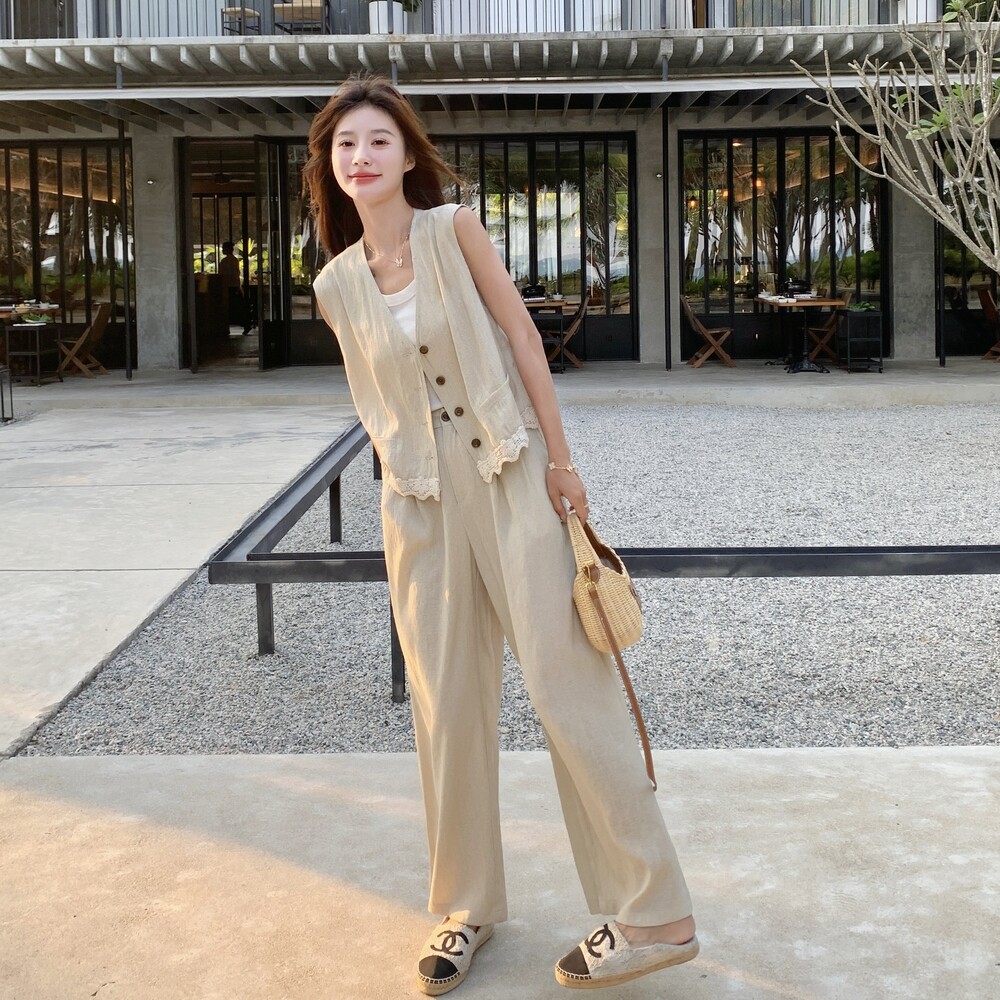 小个子大方得体穿搭一整套女夏2025新款无袖上衣阔腿裤休闲两件套,女装套装/套裙,浙宝152
