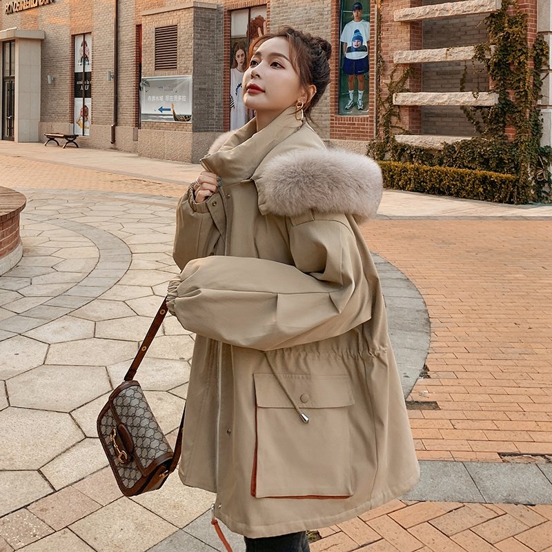 工装派克服女冬季加绒加厚外套2024新款宽松棉服中长款小个子收腰，女装棉衣/棉服，浙宝152