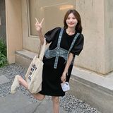 休闲宽松黑色t恤连衣裙女夏2025年新款牛仔小吊带裙子假两件套装，女装连衣裙，浙宝152