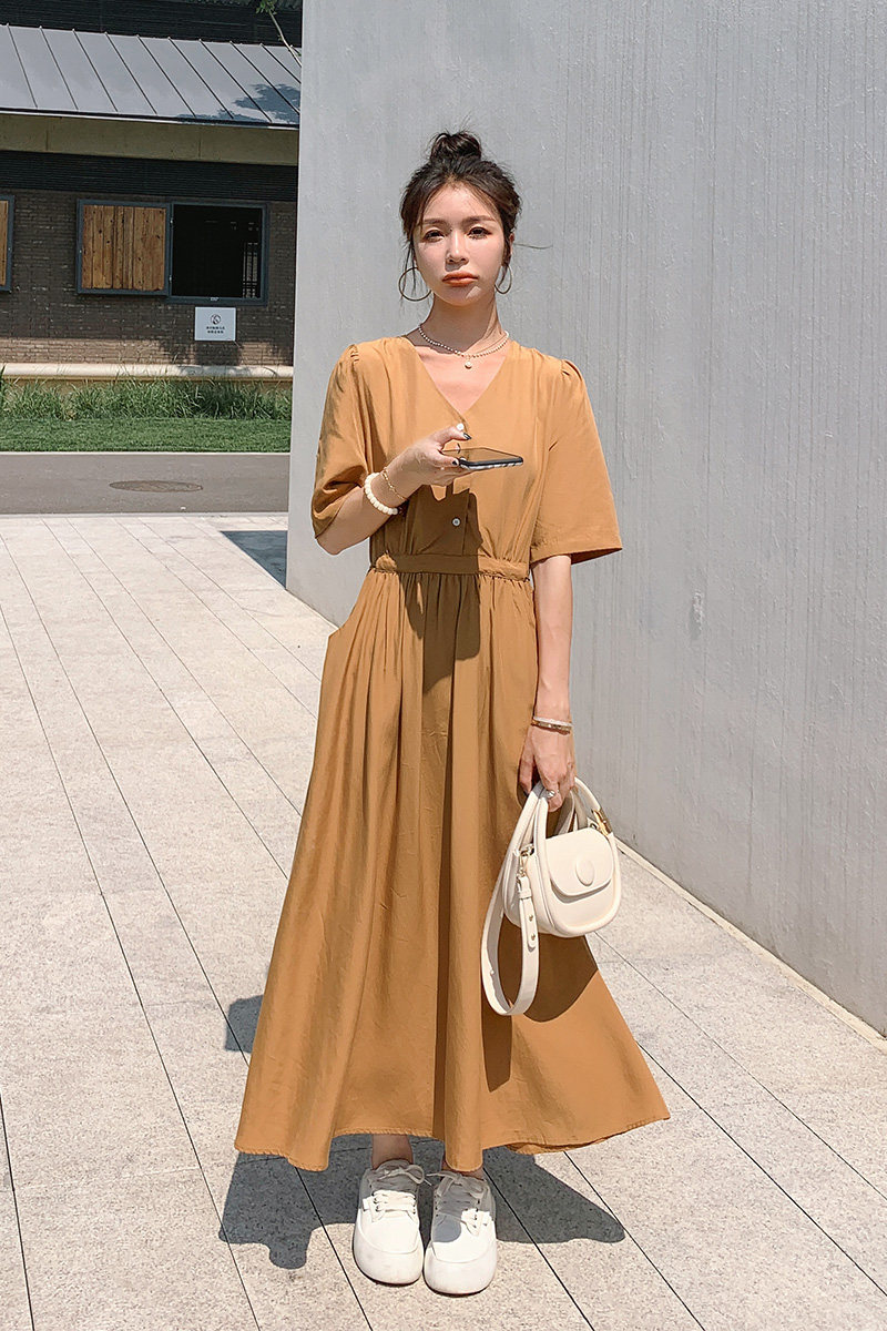 黄色连衣裙薄款夏季女2024新款法式茶歇裙设计感小众收腰气质长裙,女装连衣裙,浙宝152