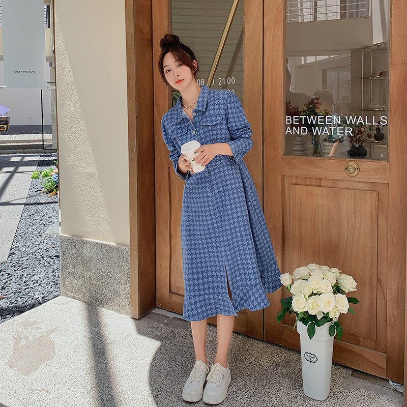 复古长袖千鸟格牛仔连衣裙女春装2025春秋新款法式气质收腰衬衫裙图片