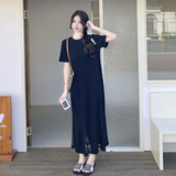 法式高级感黑色蕾丝拼接短袖连衣裙女2025夏季新款气质显瘦鱼尾裙，女装连衣裙，浙宝152