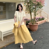 黄色减龄套装裙女夏季2025新款韩版设计感马甲T恤半身裙三件套潮，女装连衣裙，浙宝152