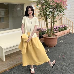 黄色减龄套装裙女夏季2025新款韩版设计感马甲T恤半身裙三件套潮图片