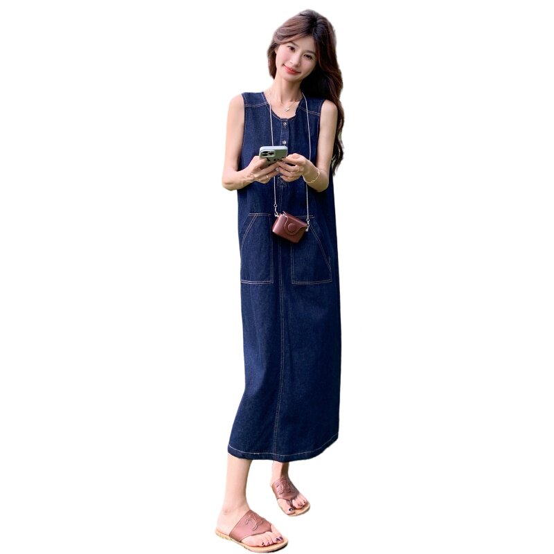 蓝色港风无袖牛仔连衣裙女2025夏季新款复古度假风气质显瘦背心裙,女装连衣裙,浙宝152