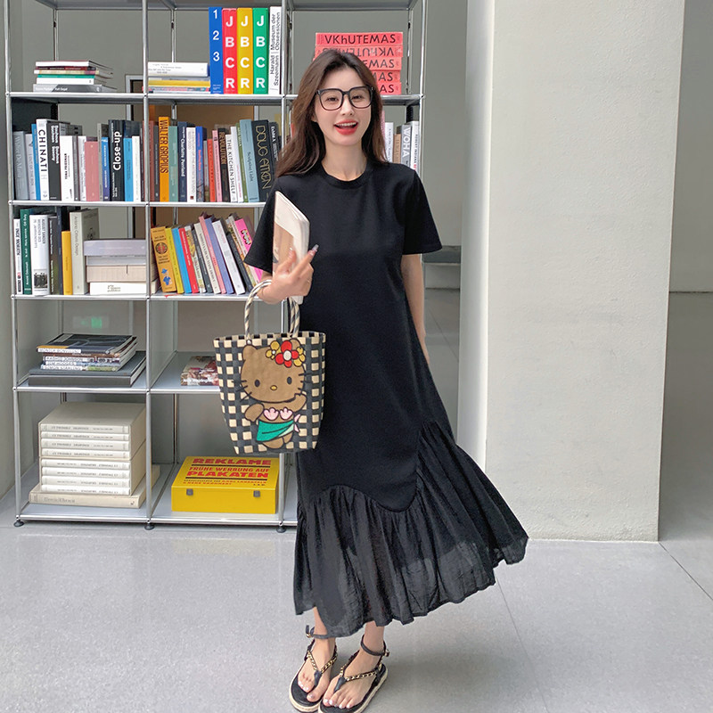 黑色慵懒风休闲连衣裙女2025夏新款韩版宽松显瘦设计感拼接鱼尾裙,女装连衣裙,浙宝152