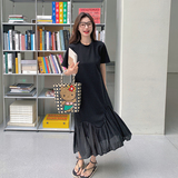 黑色慵懒风休闲连衣裙女2025夏新款韩版宽松显瘦设计感拼接鱼尾裙，女装连衣裙，浙宝152