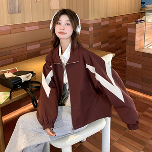 美式休闲立领冲锋衣外套女2024秋季新款学院风宽松小个子拼色上衣图片