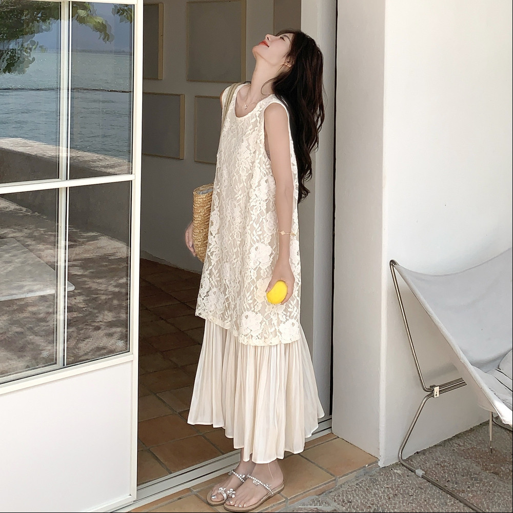 米白色蕾丝拼接连衣裙女2025夏季新款法式温柔风假两件无袖背心裙,女装连衣裙,浙宝152