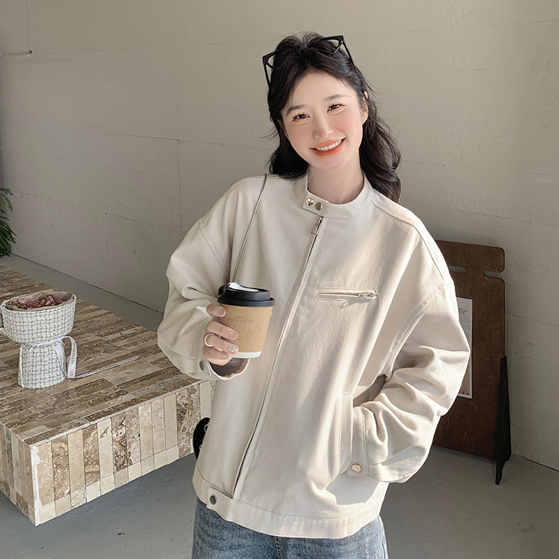 高级感米白色外套女2025春季新款美式复古小个子百搭短款机车夹克,女装短外套,浙宝152