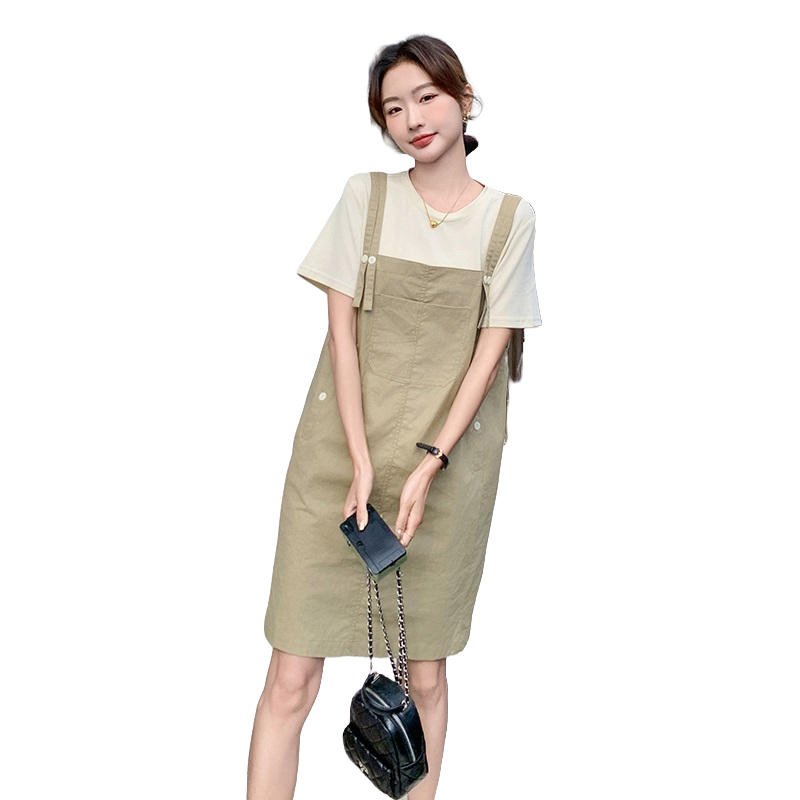 学院风假两件背带连衣裙女夏2024新款小个子学院风奶甜初恋桔梗风,女装连衣裙,浙宝152