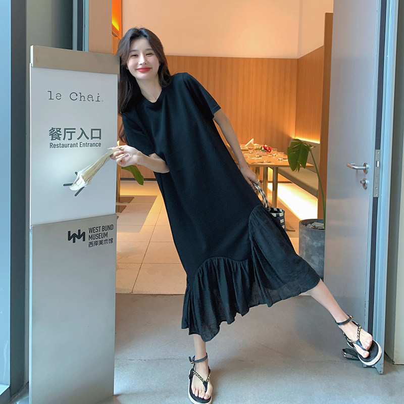 黑色慵懒风休闲连衣裙女2025夏新款韩版宽松显瘦设计感拼接鱼尾裙,女装连衣裙,浙宝152